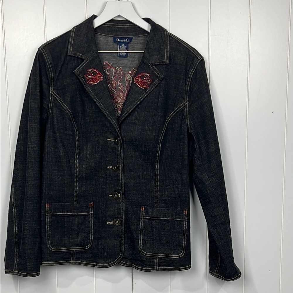 Denim & Co. Womens Jean Jacket M Dark Wash Black Long Sleeve Button Down Western